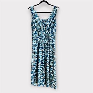 NIC+ZOE Blue Abstract Print Sleeveless Dress Ruched Waist Flowy Size M